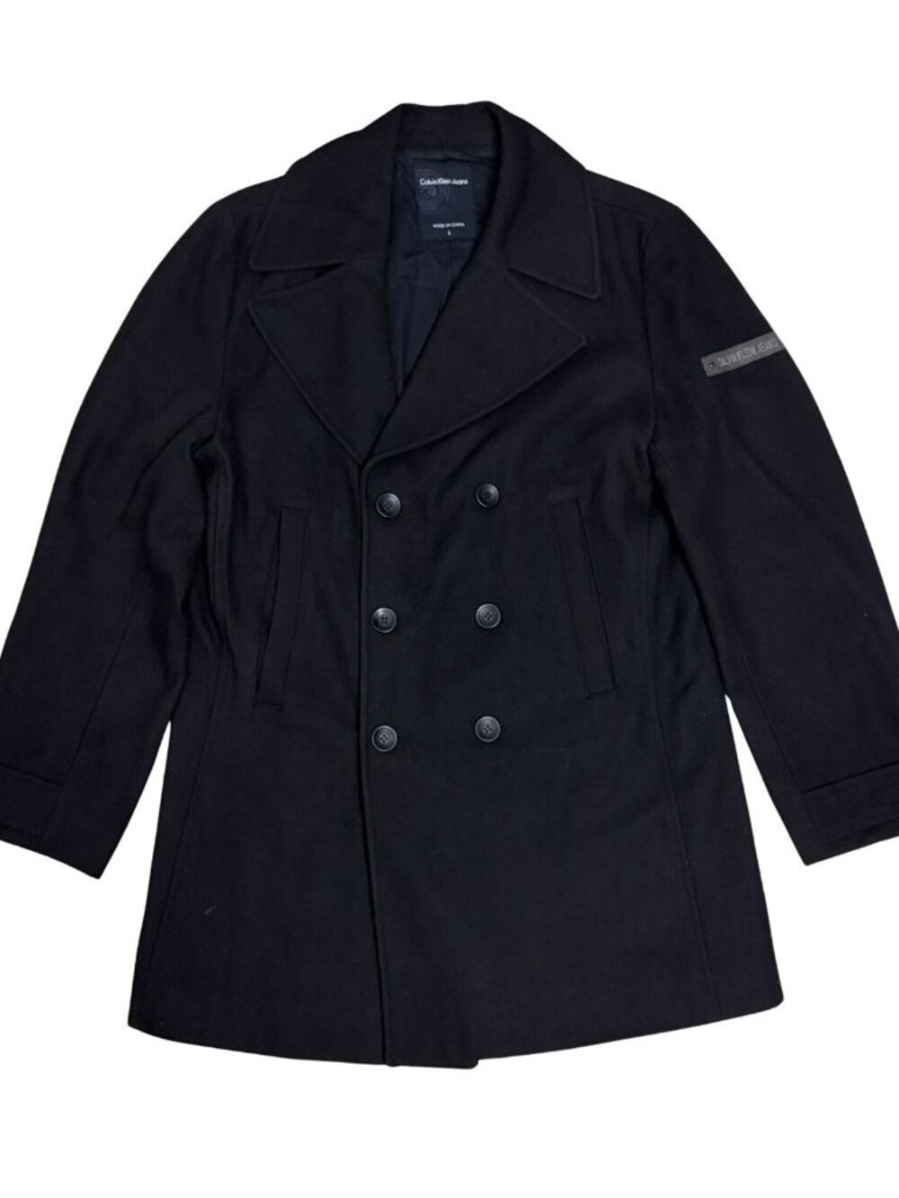 CALVIN KLEIN Wool Pea Coat Designer Business Casual Winter Jacket Mens Large